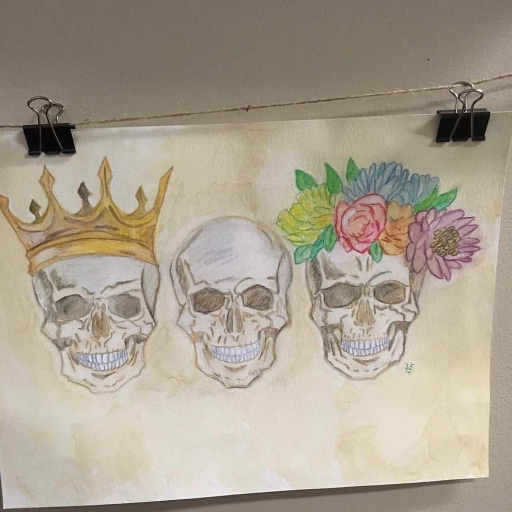 WALL ART Momento Mori Three Skulls Watercolor